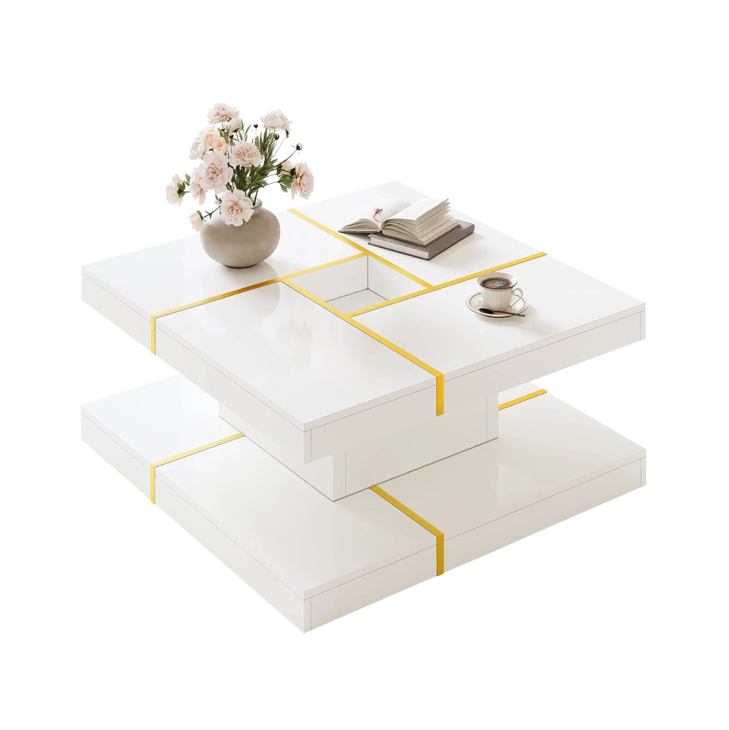 Tavolino da caffè quadrato a 2 livelli 80x80x38 cm in pannello truciolare bianco