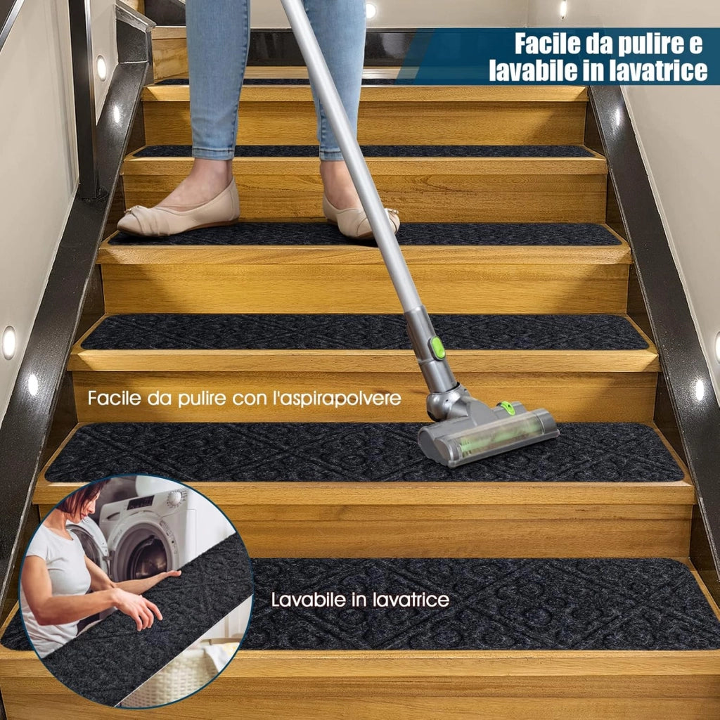 15 Tappetini Antiscivolo per Scale 76 x 20 cm, Tappeti Antiscivolo per Gradini di Scale di Legno da Interno, Tappetini Impermeabili per Scale per Bambini, Anziani e Animali (Grigio)
