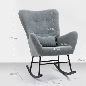 Sedia a dondolo con tasca laterale e struttura in metallo con tessuto teddy grigio per relax quotidiano 67 × 95 × 100 cm