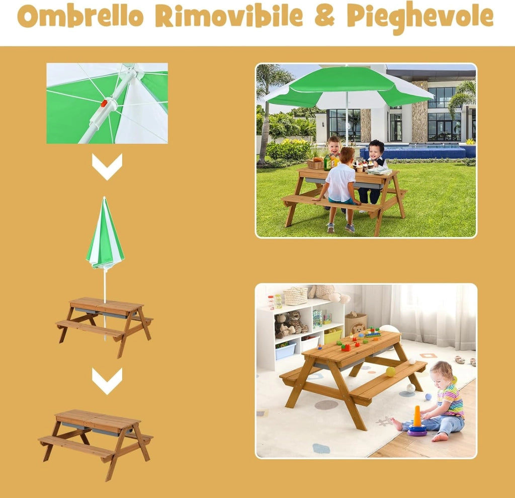 Set Tavolo e Sedie per Bambini da Giardino 3 in 1, con Ombrellone Rimovibile e Regolabile, Piano Rimovibile, Tavolo con Panche in Legno per Bambini da Interno Esterno (Verde e Bianco)