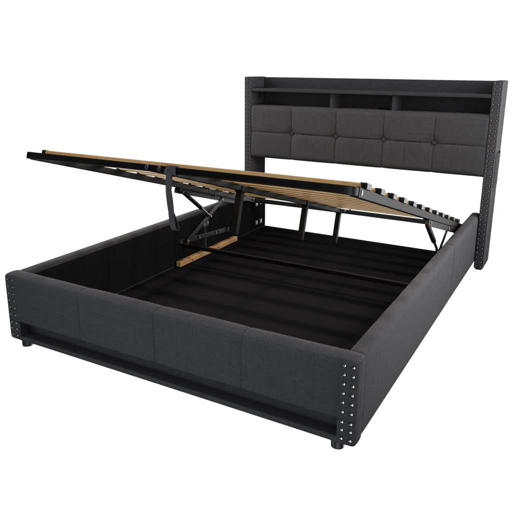 Letto imbottito 140x200 cm grigio scuro con contenitore, testiera regolabile, LED e porte USB