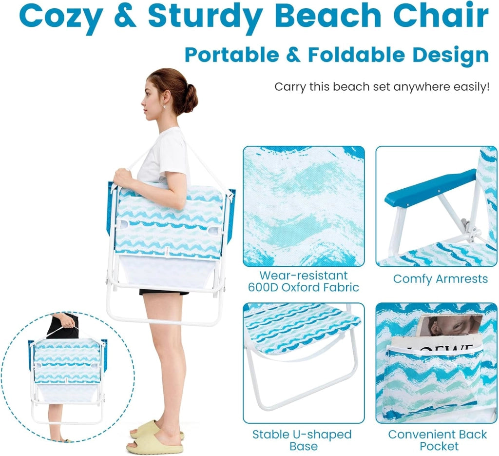 Set da spiaggia 2 faltelli 1 tappeto 1 ombrellone φ 175 cm sedia pieghevole carico 150 kg ombrellone reclinabile 30 gradi con borsa da viaggio