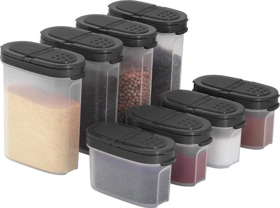 Set di contenitori per erbe premium, contenitori per erbe in grandi e piccoli formati con scuotili pratica in plastica BPA-free, contenitori a chiusura ermetica per la cucina - confezione da 8 pezzi.
