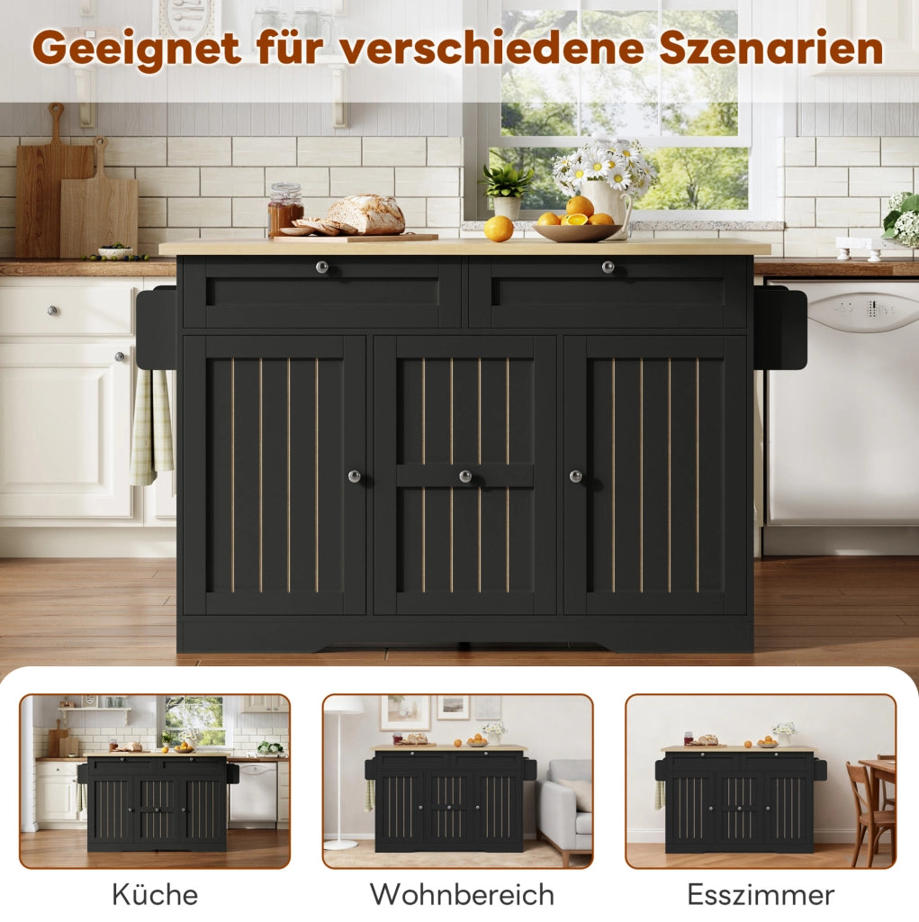 Isola cucina mobile con piano ribaltabile 120x45(70)x92 cm in MDF nero; con cassetti e ruote bloccabili