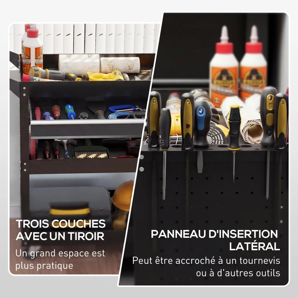 Carrello da lavoro a 3 livelli con cassetto e porta attrezzi ¨C zephmum ¨C nero 82x35x76 cm