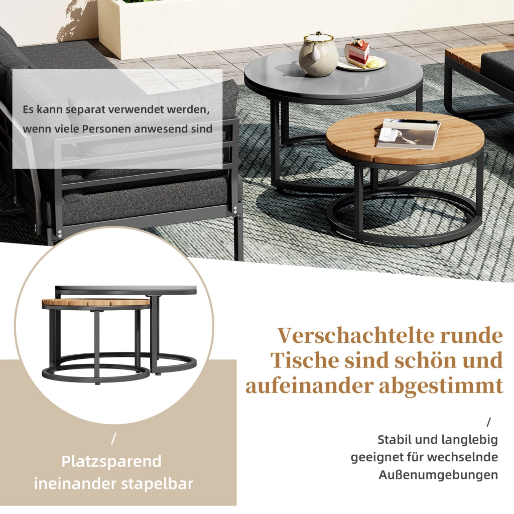 Set mobili giardino 4-5 persone: 2 tavolini impilabili; ferro zincato; cuscini seduta; piedini regolabili; grigio
