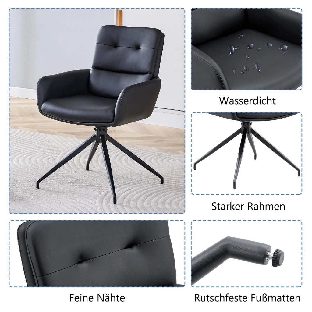 Sedia da pranzo girevole a 360° in PU nero; schienale con bottoni; per sala da pranzo e zona relax; 74.5 × 56.0 × 51.5 cm
