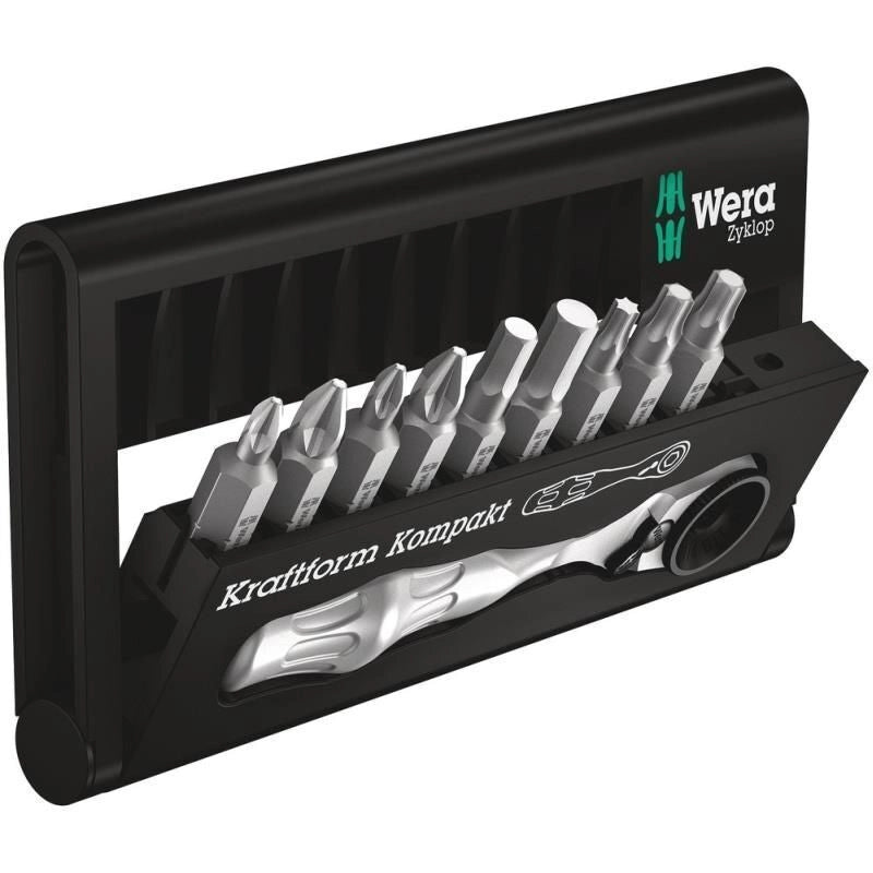 Wera 05057418001 Zyklop Mini BT 1 Chiave a cricchetto con set di punte 10 pezzi Attacco 1-4 pollice Angolo di ritorno 6° colore Nero