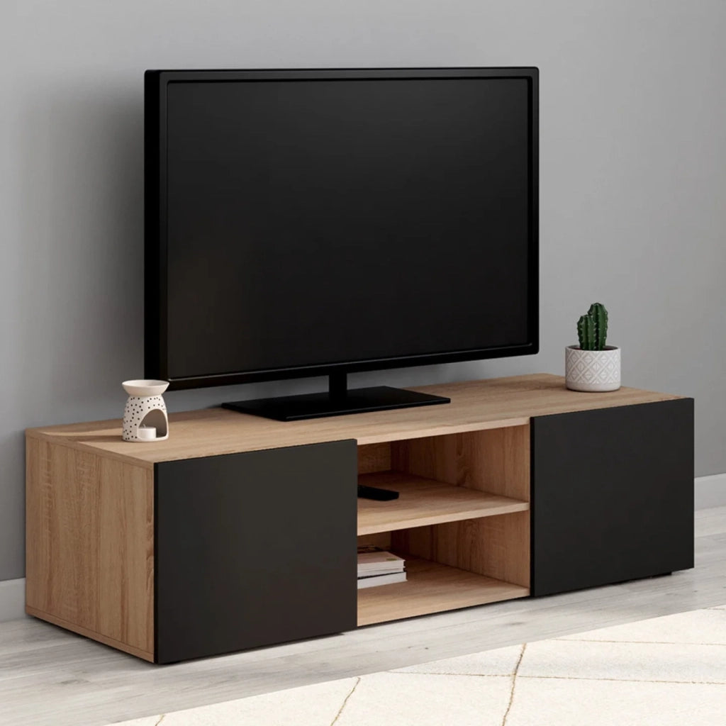 IDMarket - Mobile TV 113 cm ELI in legno effetto faggio con ante nere