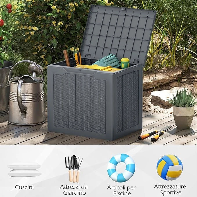 Baule da Esterno 96 L, Cassapanca Contenitore con Coperchio Bloccabile e Tessitura in Vimini, per Giardino e Cortile, 56 x 41 x 50,5 cm (Grigio)