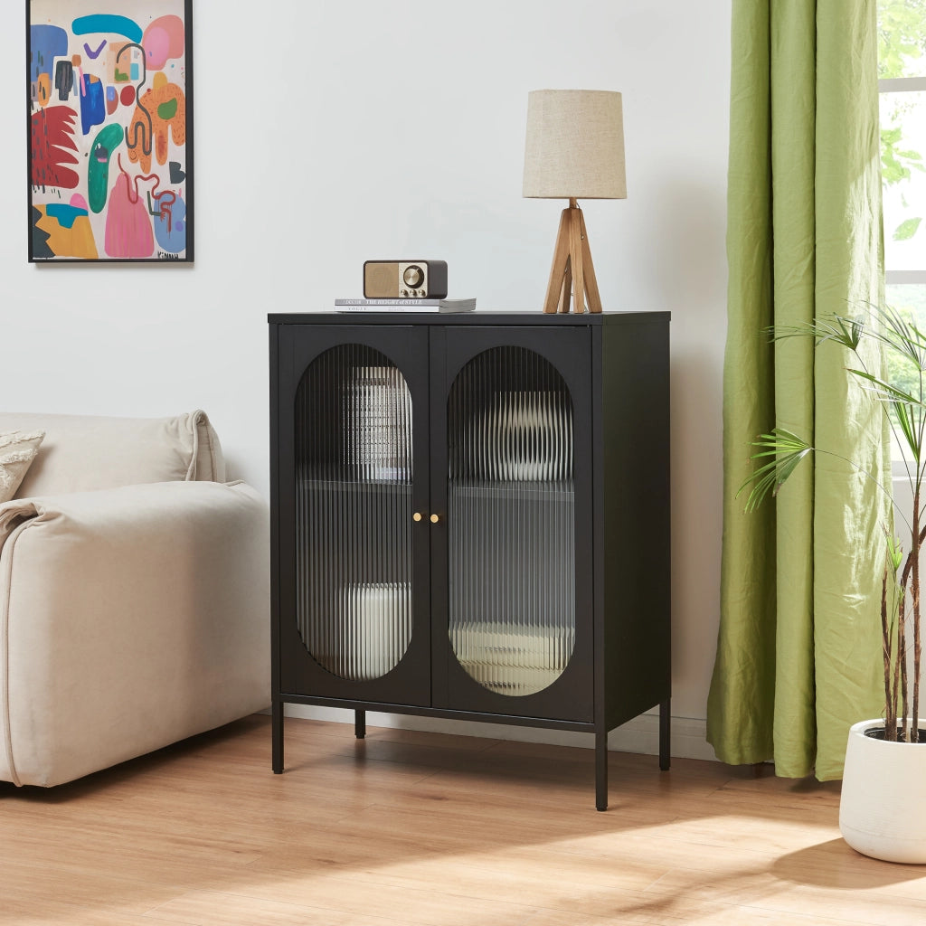 Armadietto Karlskrona in Acciaio con Ante in Vetro 102x80x40 cm Nero [en.casa]