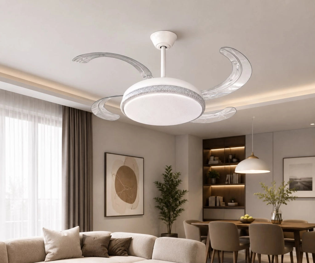 Ventilatore da Soffitto LED 80W 42" con 4 Pale Retrattili, Telecomando, Luce Dimmerabile Calda Naturale Fredda - Bianco