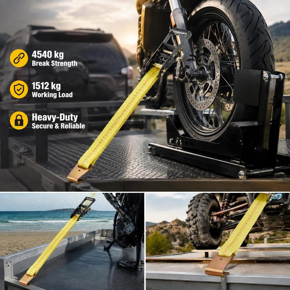 Wheel Chock Tie-Down Kit, Tire-Style Motorcycle Tie-Down System, Car Tie Down Kit With Flat Hook, Break Strength 10009 Lbs & Working Load 3333 Lbs Trailer Tie Down Strap For ATVs, SUVs, Trailers