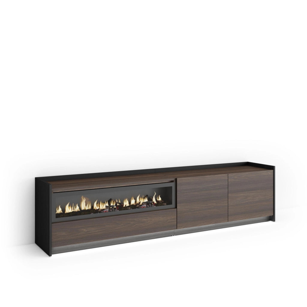 Mobile TV Soggiorno, 207x50x37 cm, Per TV fino a 80", Camino elettrico, LED, Rovere scuro e Nero