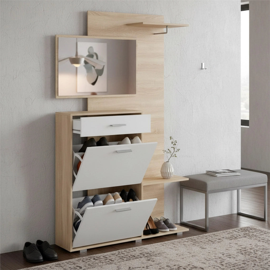 Ingresso Scarpiera Con Specchio 2 Ante A Ribalta Cassetto Appendiabiti E Mensola Mobile Salvaspazio Moderno Per Ingresso Corridoio Stile Nordico 192 X 120 X 24.5 Cm Rovere E Bianco