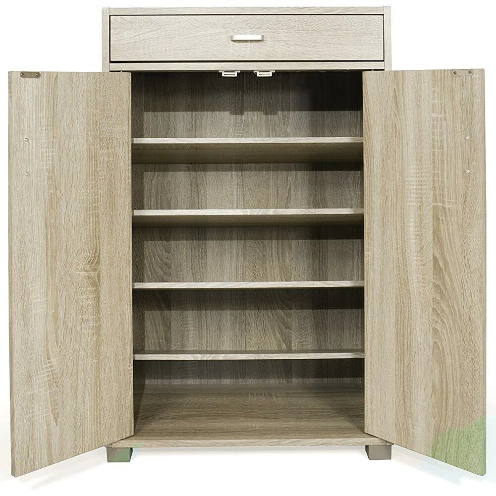 Mobile Multiuso in Legno 2 Ante 1 Cassetto 4 Ripiani Porta Scarpe 63x33H95cm Quercia