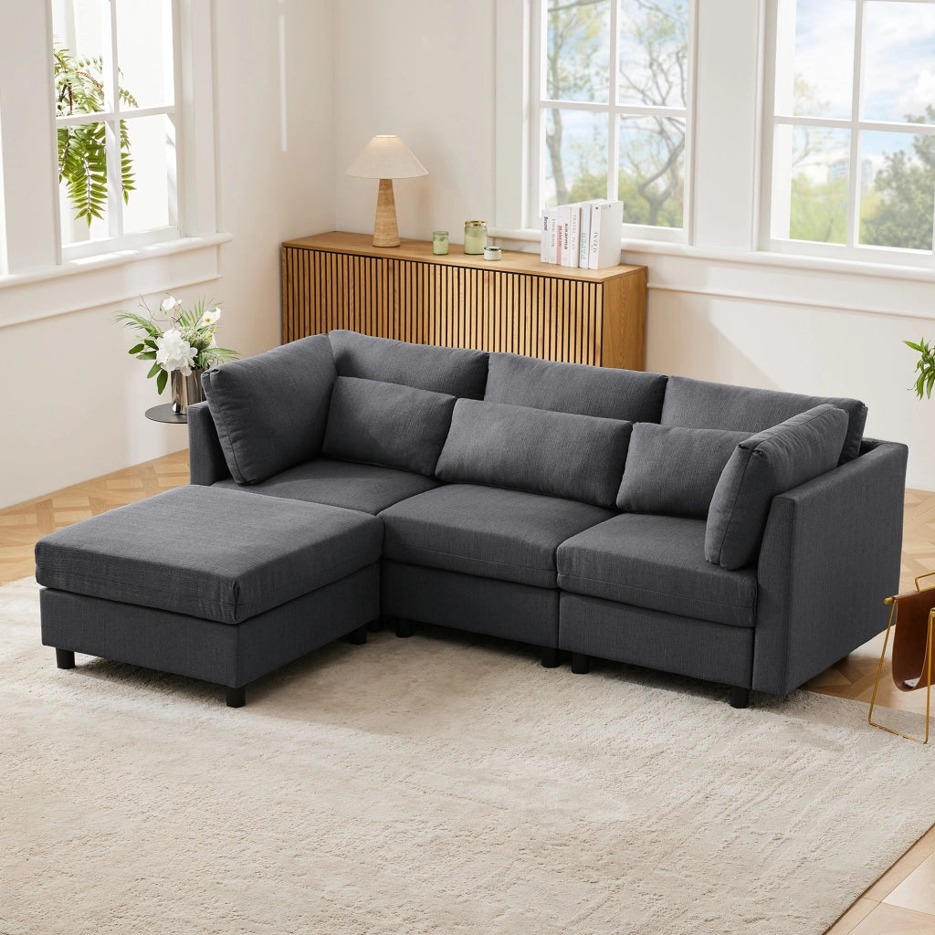 Sofa moderno a tre posti - Zephmum- Design L con pouf angolare