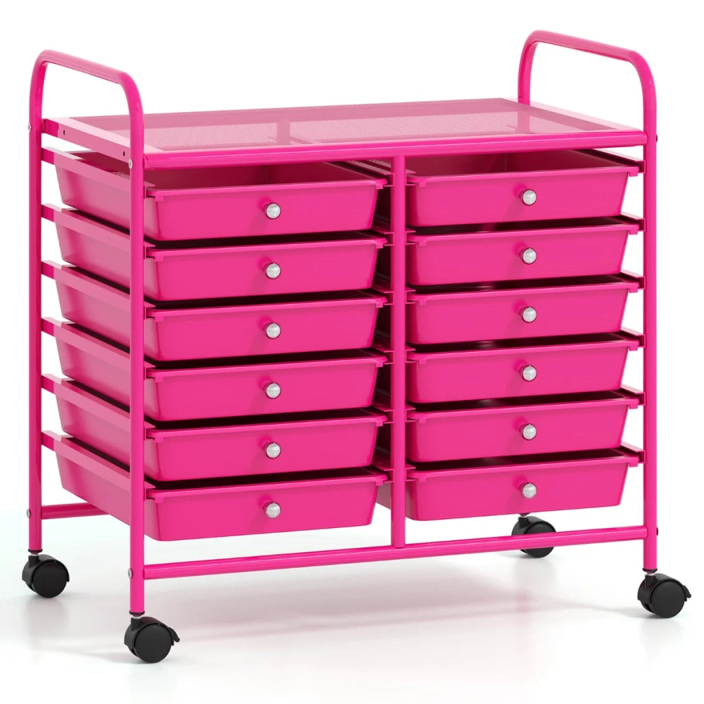 Carrello portaoggetti con ruote 64 x 38 x 62 cm 12 cassetti estraibili struttura in metallo dal design moderno color rosa confetto 20_0011366