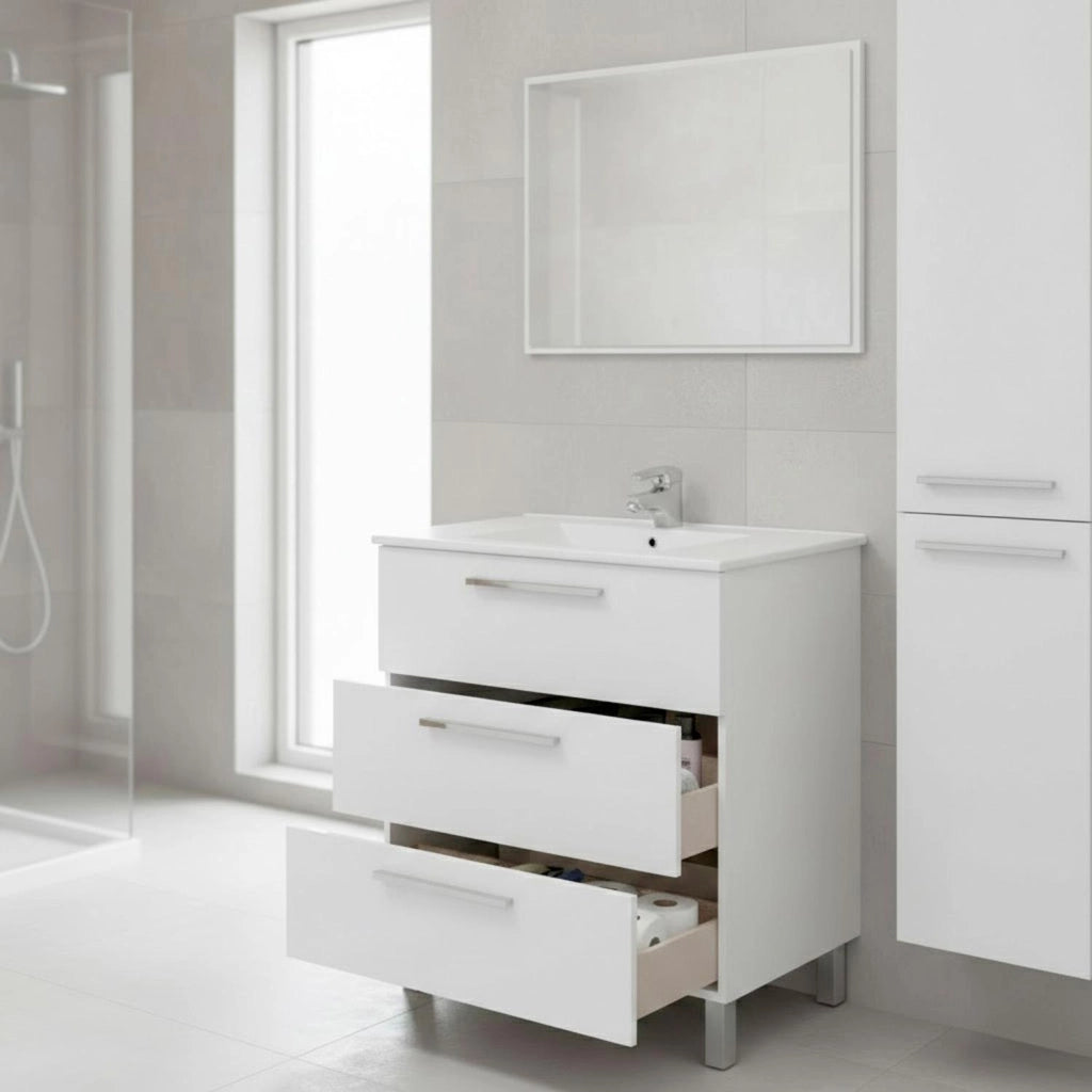 Mobile Bagno A Terra Con 3 Cassetti Lavabo In Ceramica E Specchio 77 X 50 Cm Inclusi Design Moderno Salvaspazio Elegante E Funzionale 80 X 45 X 86 Cm Colore Bianco