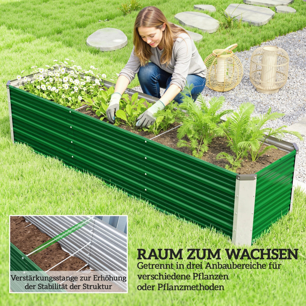 Vaso da giardino rialzato in acciaio con 3 aree di semina ¨C zephmum ¨C 183x47x40cm verde