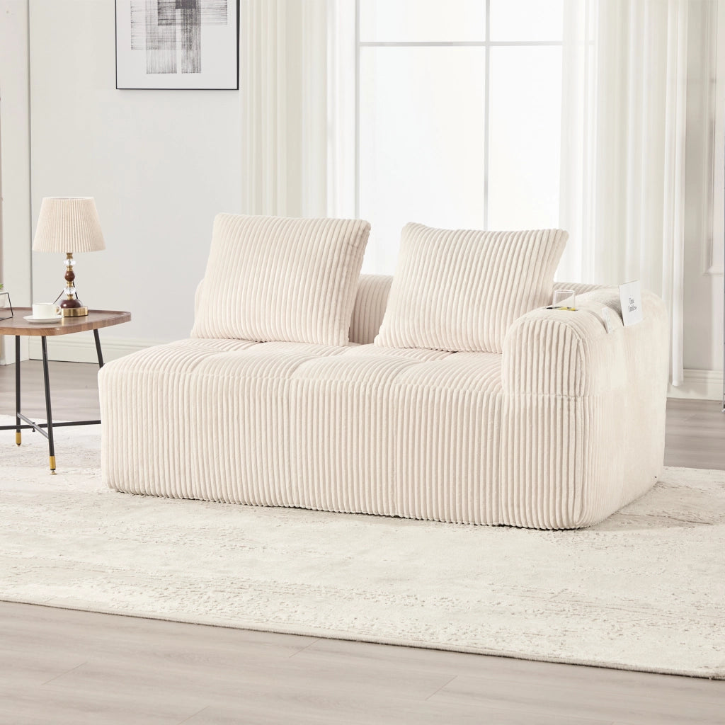 Divano diritto in corduroy con tasche laterali e portabicchieri, seduta compatta e stabile beige 158 × 93 × 61 cm