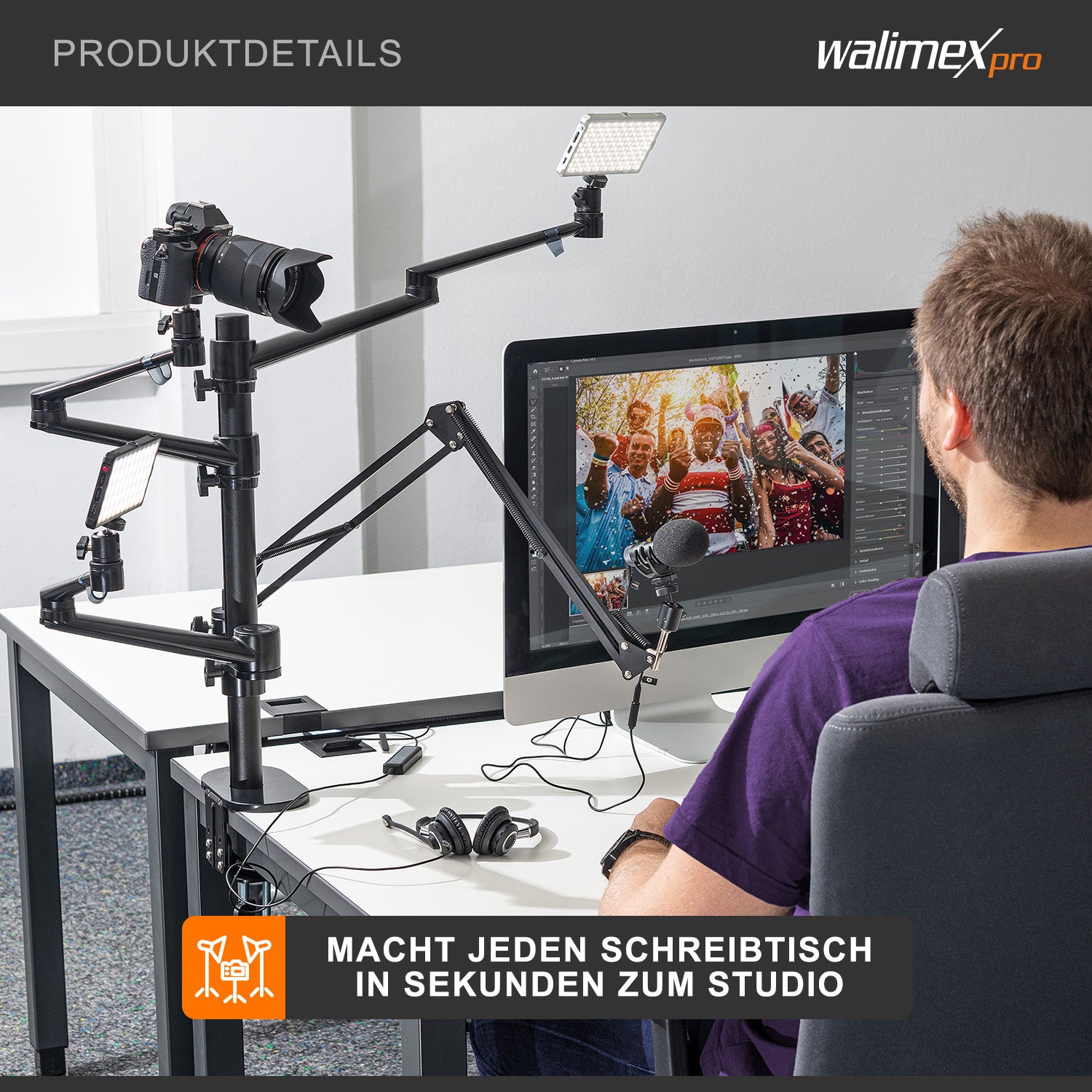 Multi Streaming Supporto da tavolo, 4 bracci articolati per fotocamere, luci LED, microfoni, morsetto di montaggio per piani 65 mm, anche per Vlogging, Videochiamate