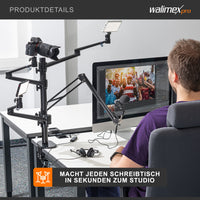 Multi Streaming Supporto da tavolo, 4 bracci articolati per fotocamere, luci LED, microfoni, morsetto di montaggio per piani 65 mm, anche per Vlogging, Videochiamate