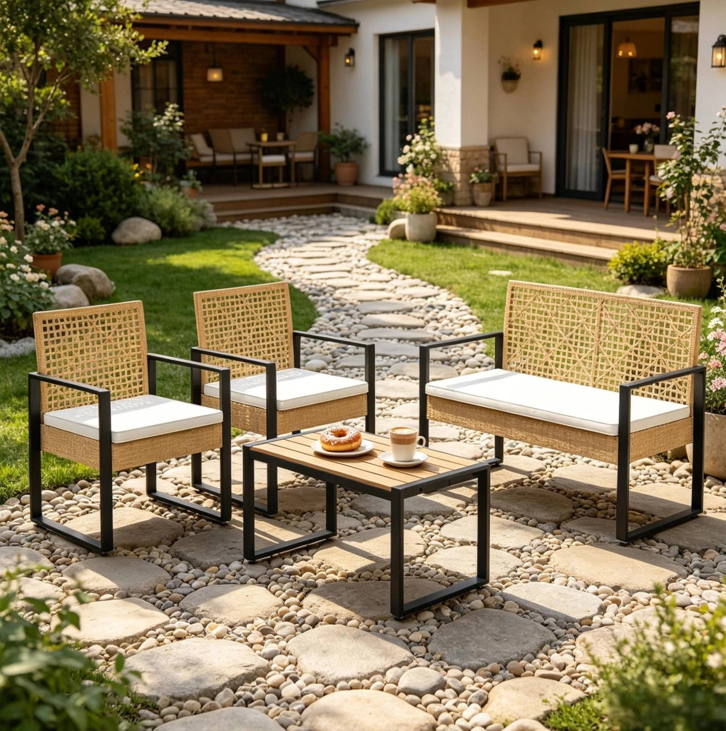 Set da giardino in PE rattan effetto legno naturale con divano 2 posti; 2 poltrone e tavolino