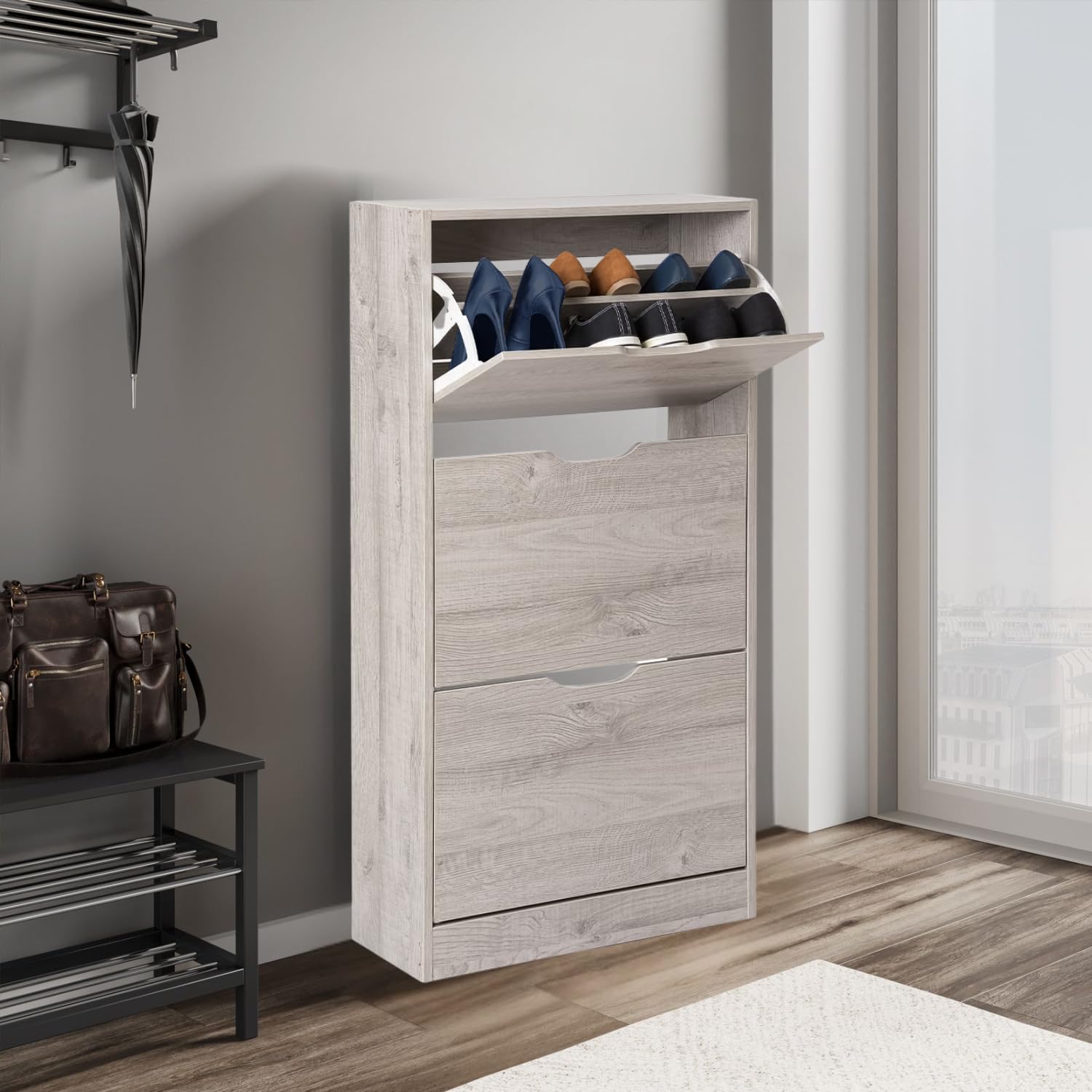 Scarpiera Salvaspazio Slim Ingresso Legno Slim 3 Ripiani Dimensioni Compatte 60 x 119 x 23,3 Ante Moderno MDF Compatta Doppia Profondità Salone Camera a Scomparsa Colore: Bianco