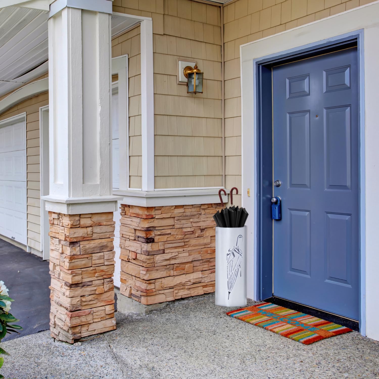 Portaombrelli Interno Esterno Ferro Design Moderno Ombrello Impermeabile Rotondo Salvaspazio Casa Ufficio Colore: Bianco