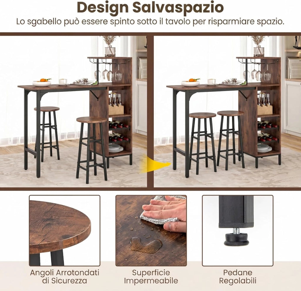 Set 3 Pezzi Tavolo e Sedie da Bar, Tavolo e Sgabelli da Pub Industriale con Porta Calici e 6 Portabottiglie da Vino, Set di Tavolo per Sala da Pranzo, Ristorante e Bar (Caffè)