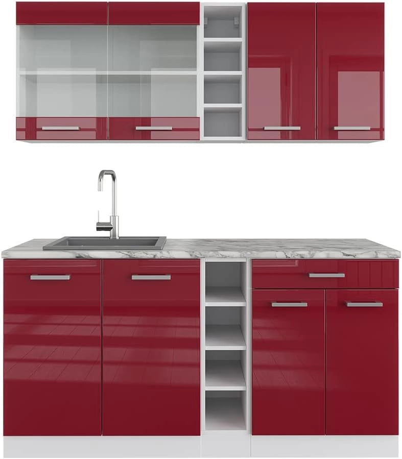 Cucina completa R-Line, Rosso lucido/bianco, 160 cm, PL Marmo, con disposizione flessibile dei moduli ed espandibile