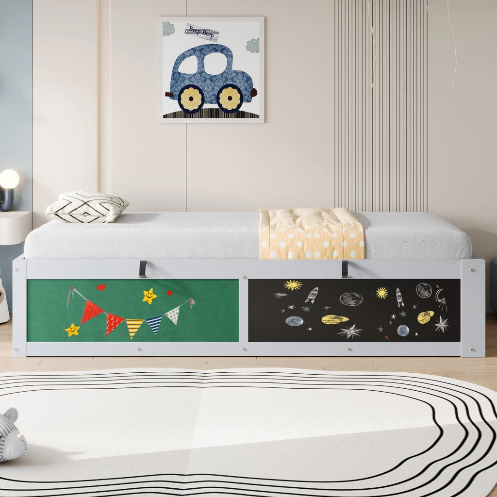 Letto Singolo in Legno 90x200 cm per Bambini Grigio con Contenitore Idraulico e Lavagna