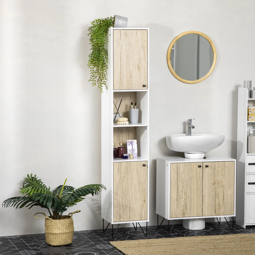 Easycomfort Colonna Bagno con 2 Ripiani Aperti e 2 Armadietti in Truciolato, 31.5x30x169 cm, Bianco e color Legno