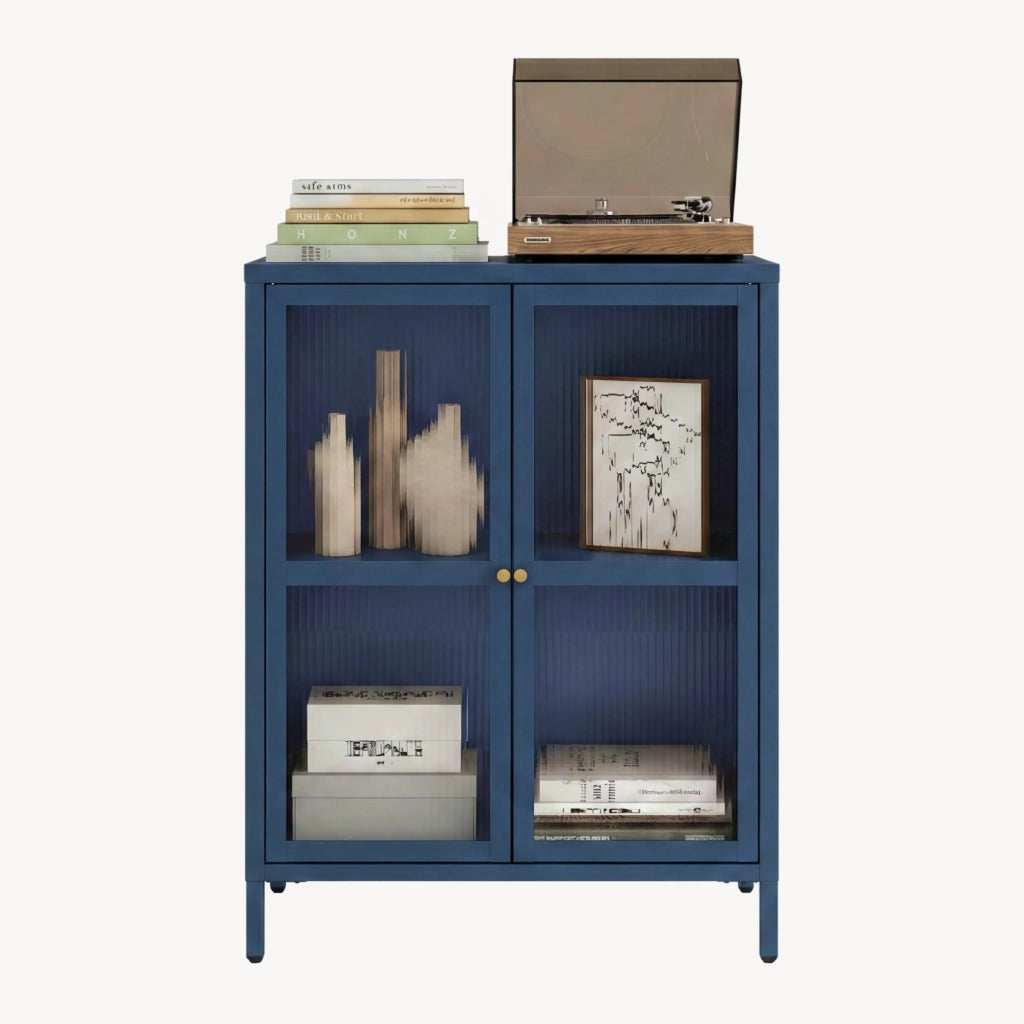 Credenza Säkylä Comò con Ante in Vetro Scanalato 84x64x35 cm Blu Marino [en.casa]