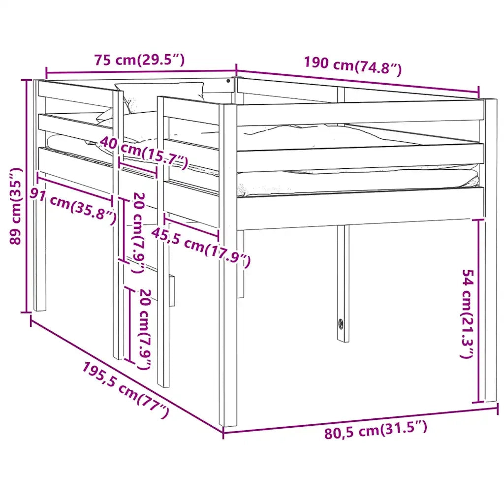 Letto a Soppalco 75x190 cm in Legno Massello di Pino 821619