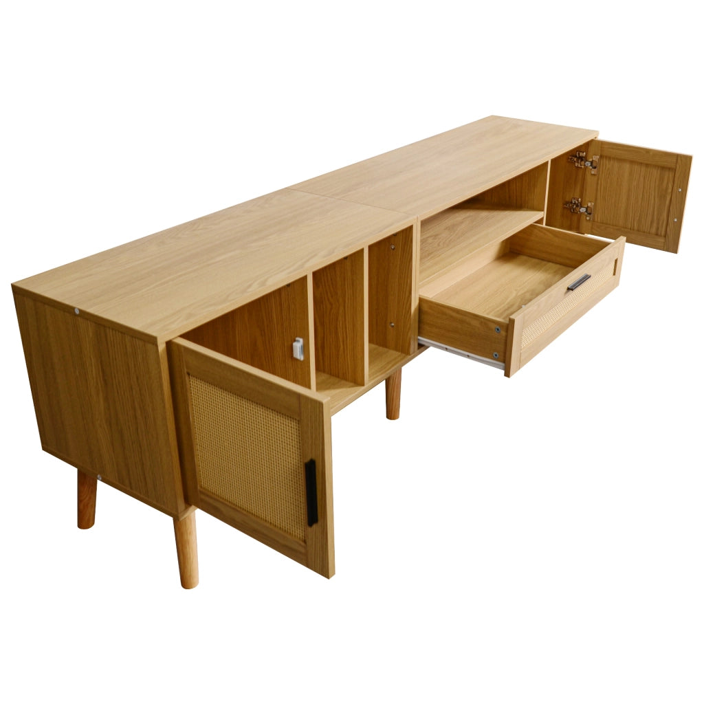Mobile TV 180 cm in finitura legno con dettagli in rattan, 2 ante, 1 cassetto e gestione cavi per TV fino a 80 pollici
