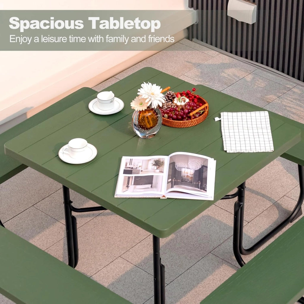 Set di tavolo da picnic per 8 persone, tavolo quadrato e 4 panche in HDPE, con foro per ombrellone, texture simile al legno, per giardino, patio (verde)