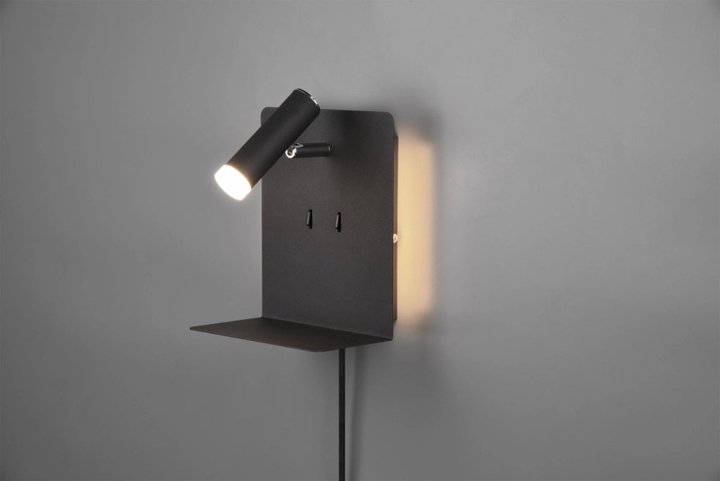 ELEMENT APPLIQUE LED 3W 220lm, 3000K- 1,5W  150lm, 3000K METALLO NERO RETRO ILLUMINATA CON SPOT CON MENSOLA E PORTA USB RICARICA SMARTPHONE H.20CM