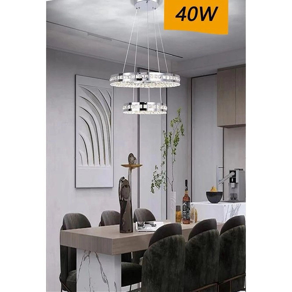 Trade Shop - Lampadario Led Soffitto 40 W Sospeso 2 Anelli In Cristallo Luce Fredda 8000k B71 -