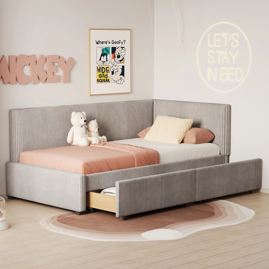 Letto singolo imbottito 90x200 cm con 2 cassetti grigio