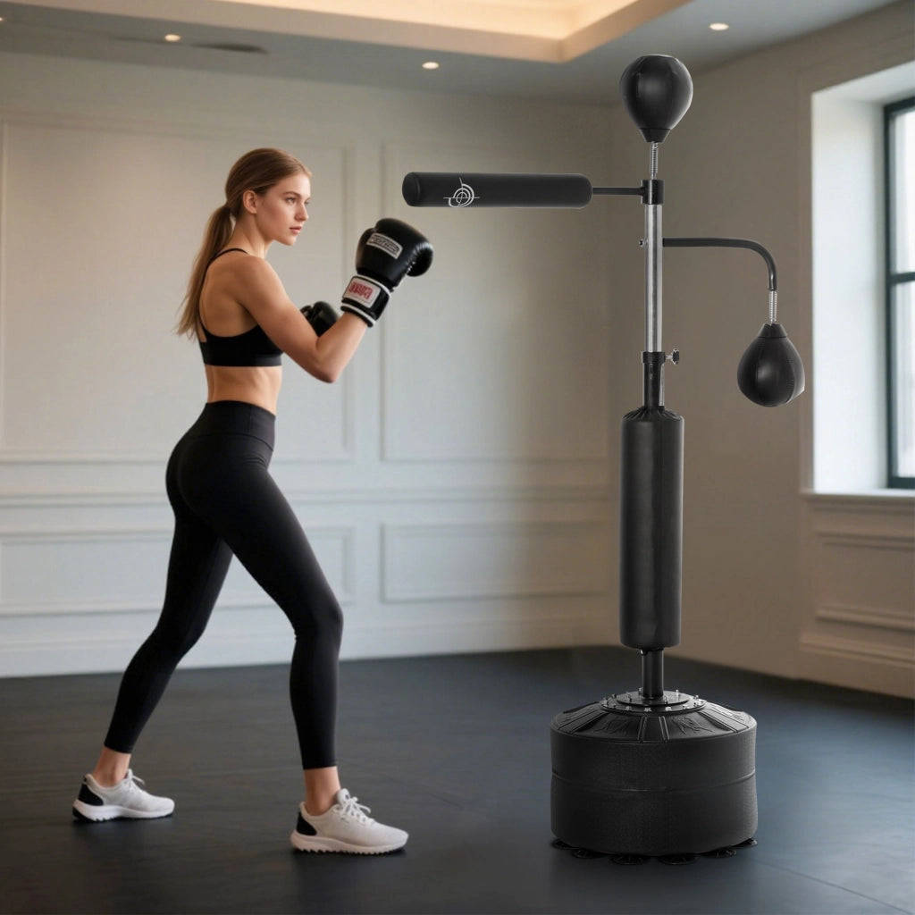 Sacco Boxe da Terra 4 in 1 con 2 Speedball, Barra Girevole e Sacco, Altezza Regolabile da 160-230cm, Nero