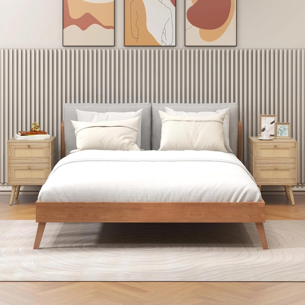 Comodino con 2 cassetti in rattan, comodino in legno, tavolo laterale stretto con gambe in pino, comodino per camera da letto, soggiorno, 40 x 40 x 59 cm (2 pezzi)