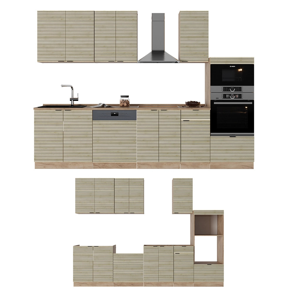 Cucina componibile Fame-Line Pannello in quercia/Rovere dorato 300 cm con armadio alto, PL Marmo Vicco