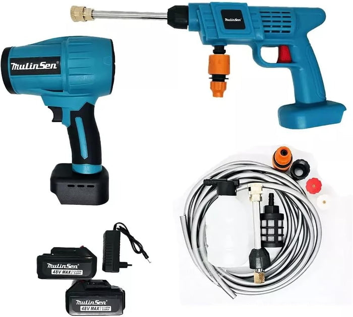 Kit Lavaggio Idropulitrice a Batteria con Mini Soffiatore Incluso, Portatile, 2 Batterie 48V Intercambiabili per Pulizia Versatile e Senza Fili