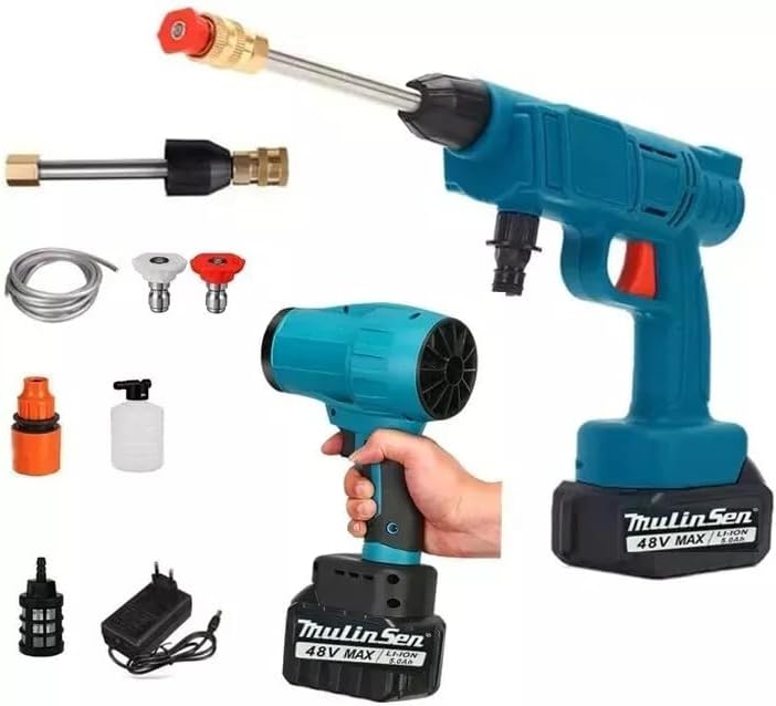 Kit Lavaggio Idropulitrice a Batteria con Mini Soffiatore Incluso, Portatile, 2 Batterie 48V Intercambiabili per Pulizia Versatile e Senza Fili