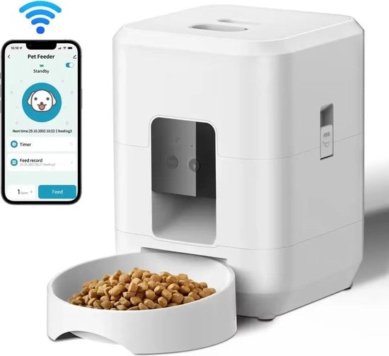 Ciotola automatica per animali - Con app - 2L di capacità - Display LCD - 1 a 4 pasti al giorno - Wi-Fi - Timer - Per cani e gatti - Bianco -