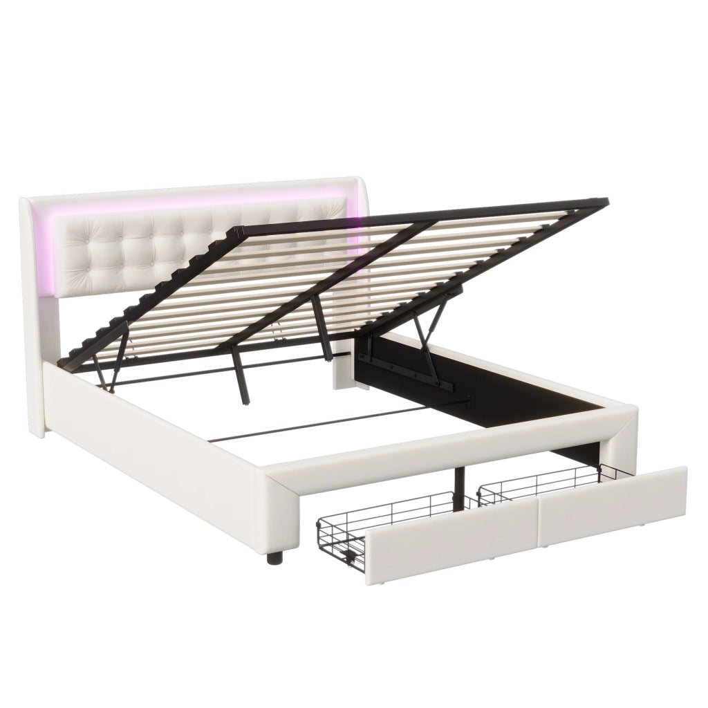 Letto imbottito con cassetto e LED in tessuto beige