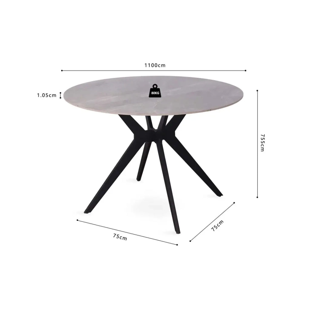 Tavolo da pranzo rotondo ARVENA – 110 cm – Piano in pietra sinterizzata – Colore grigio – Design contemporaneo e robusto