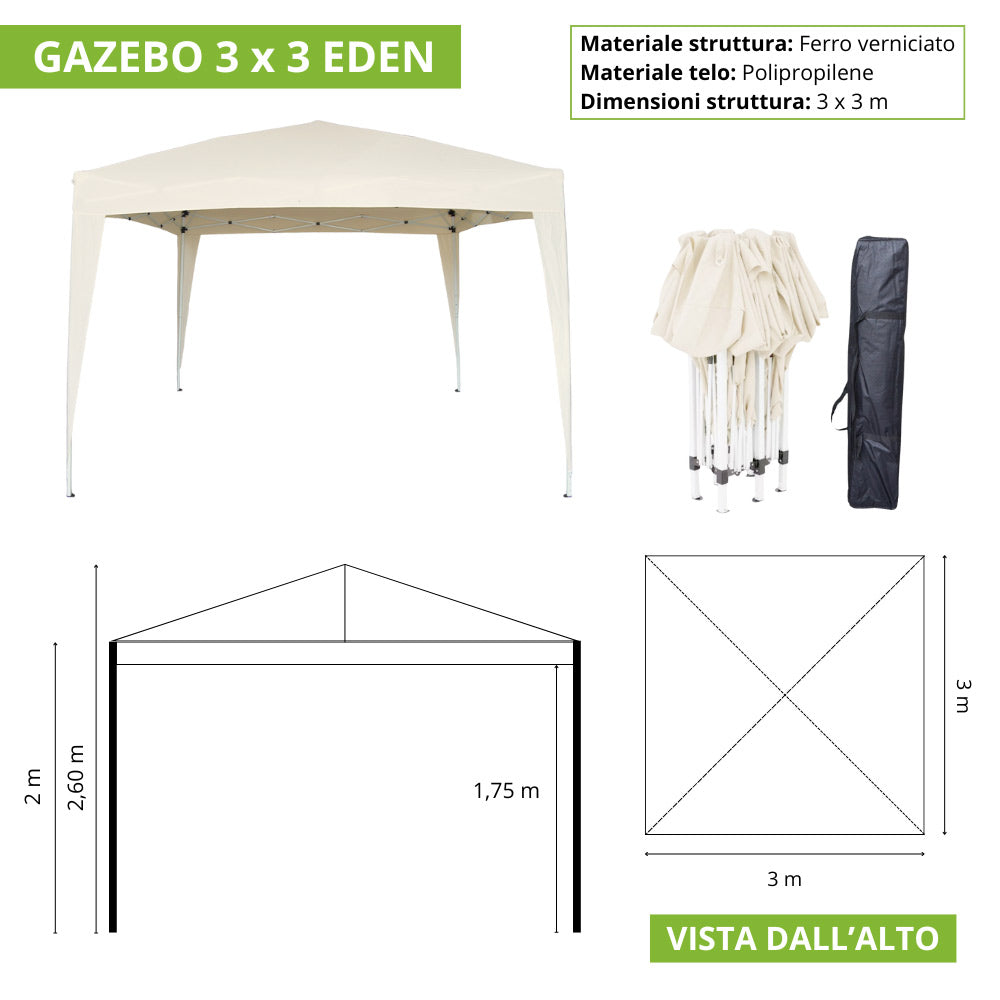 Gazebo Eden richiudibile 3 m x 3 m in ferro verniciato bianco con telo beige